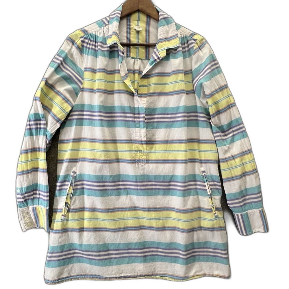 J. Crew teal/White /yellow striped long  Sleeve Tunic Shirt Size Large Cotton